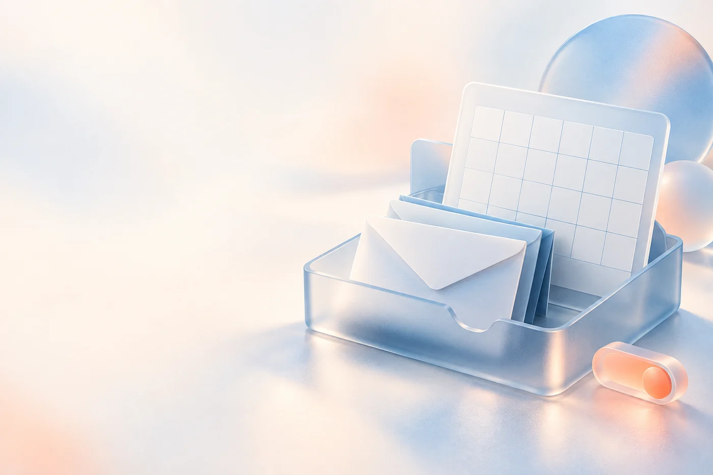 すりガラスのトレーに封筒の束と方眼のカレンダーカードが立ててあり、横に珊瑚色の丸いスイッチが光っている