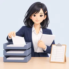 届いた書類を書類の棚に振り分け、表に記録する、AI秘書のイラスト