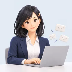 ノートパソコンで問い合わせへの返信を書く、AI秘書のイラスト